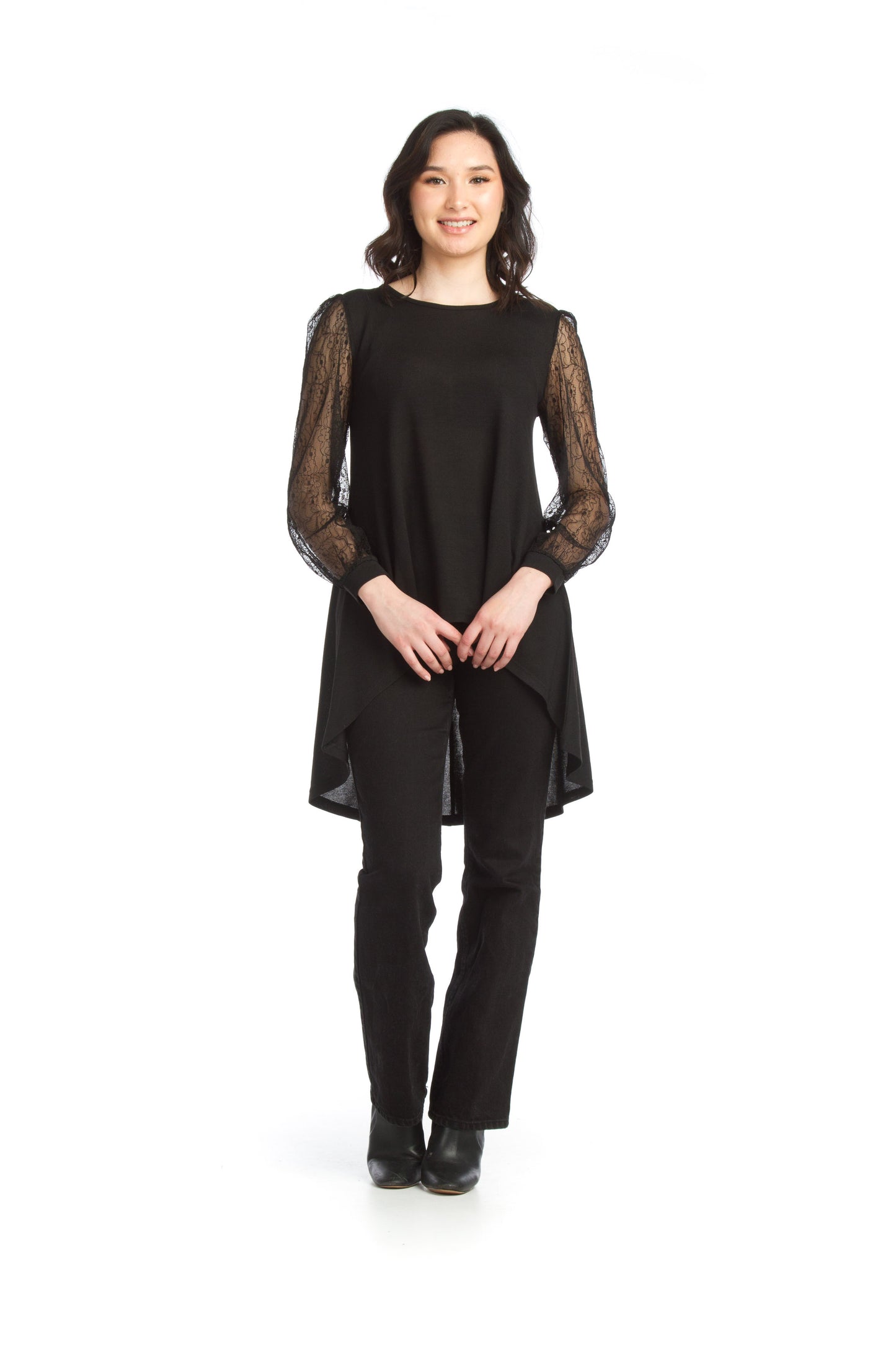 PT11024 BLACK Knit High Low Tunic with Lace Sleeves