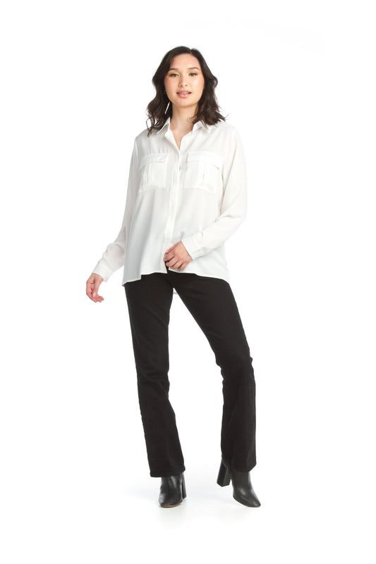 PT11048 WHITE Collared Button Front Blouses with Pockets
