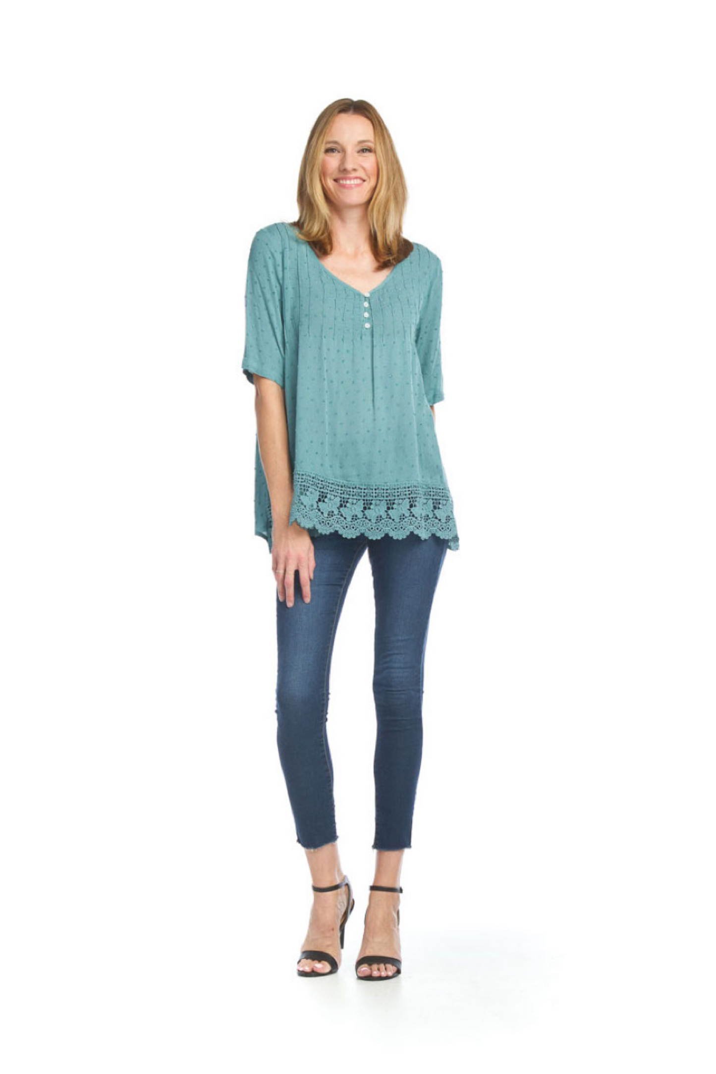 PT12006 TEAL Pintuck Blouse with Lace Hem