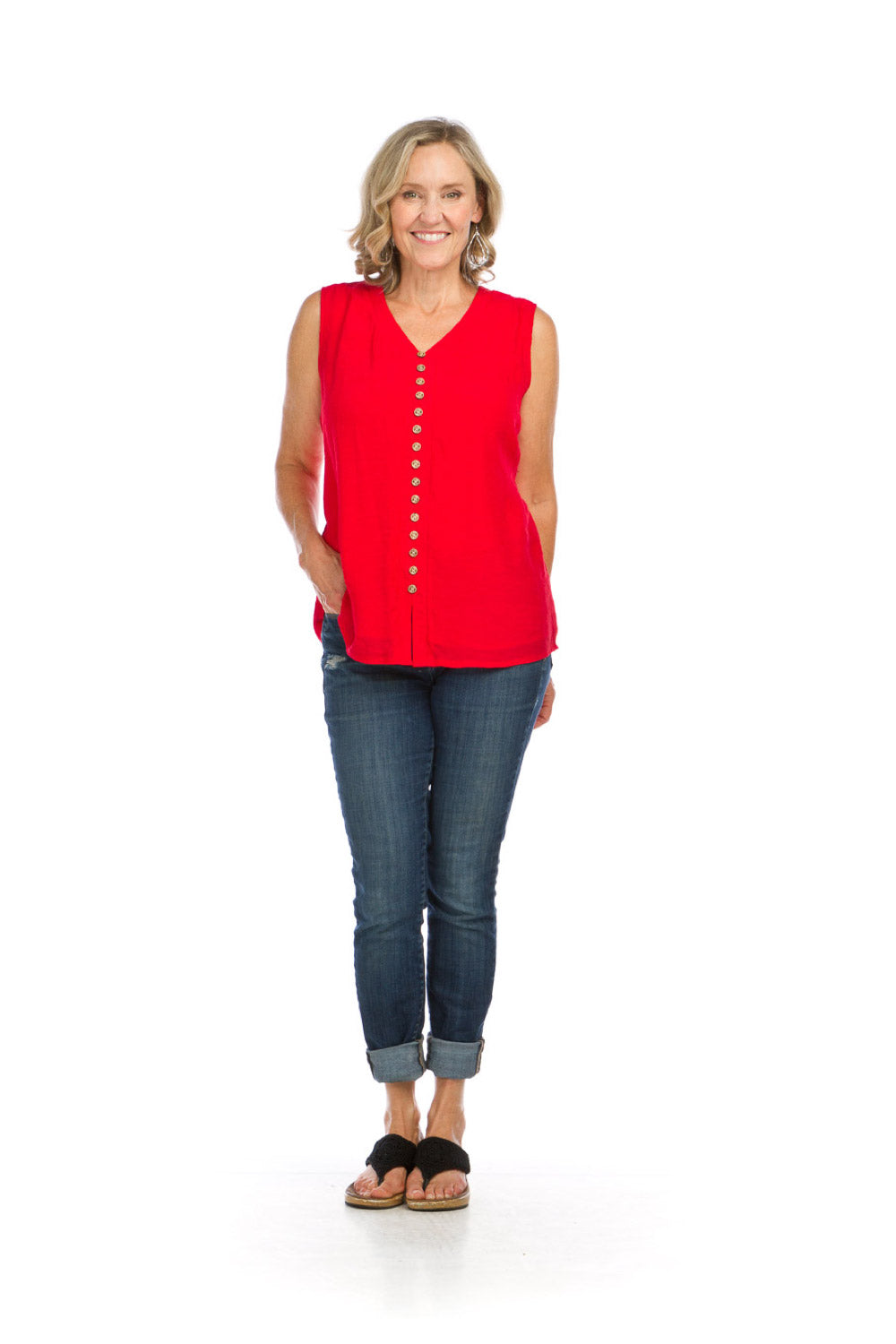 PT12014 RED Sleeveless Lined Button Front Blouse