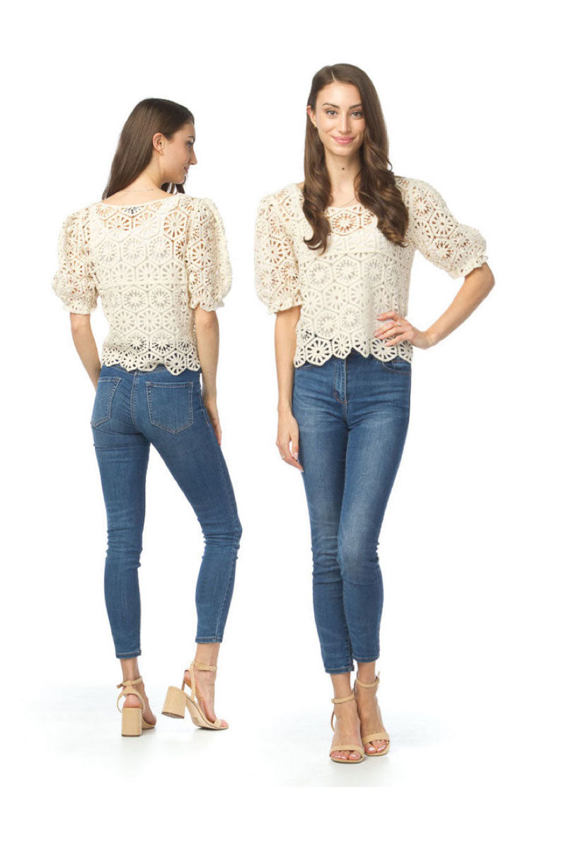 PT12060 CREAM Crochet Puff Sleeve Blouse