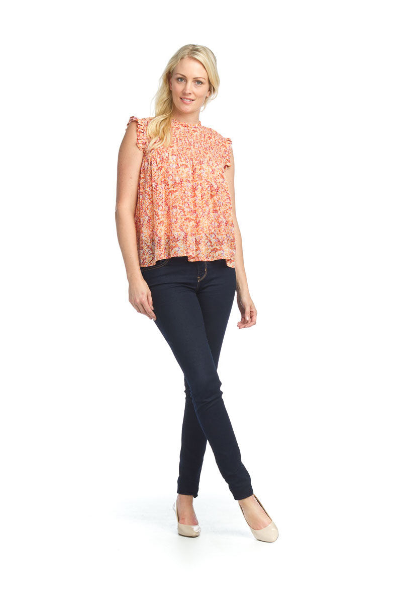 PT12084 CORAL Ditsy floral Blosue with Ruffle Sleeves