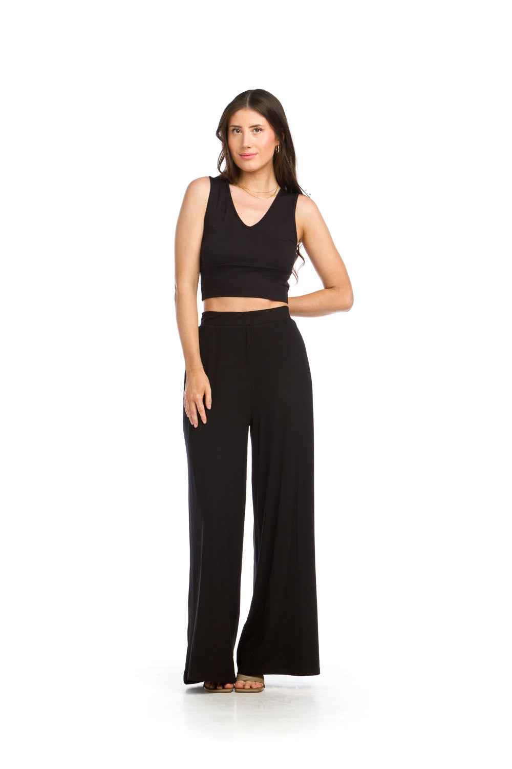 PP16842 BLACK High Waisted Ribbed Wide Leg Pants