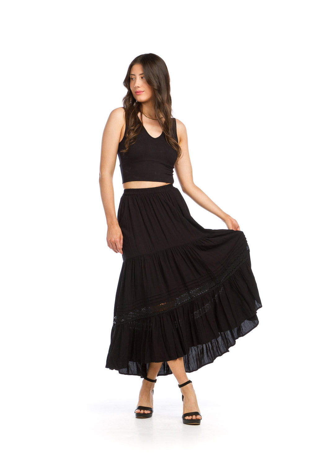 PS16908 BLACK Tiered Elastic Waist Skirt with Lace Inset