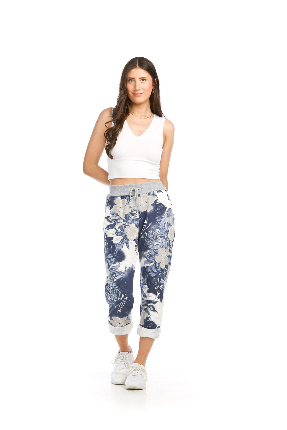 PP16822 BLUE Floral Tie dye Stretch Cotton Blend Pants