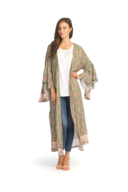 PT14040 GREEN Floral duster with Bell Sleeves