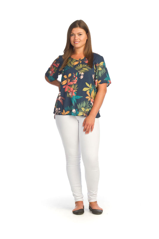 PT14051 TEAL Tropical Short Sleeve Top with Back Button Detail