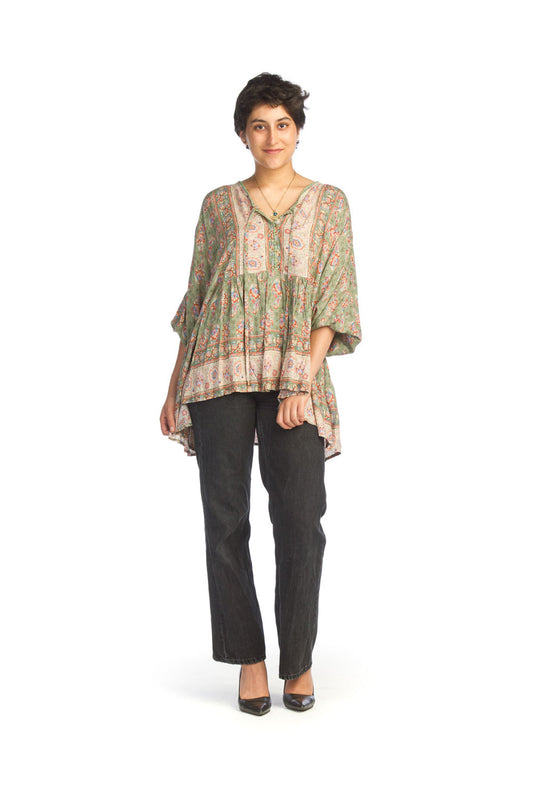 PT14114 GREEN Boho Border Print Flowy Top with Elastic Cuff