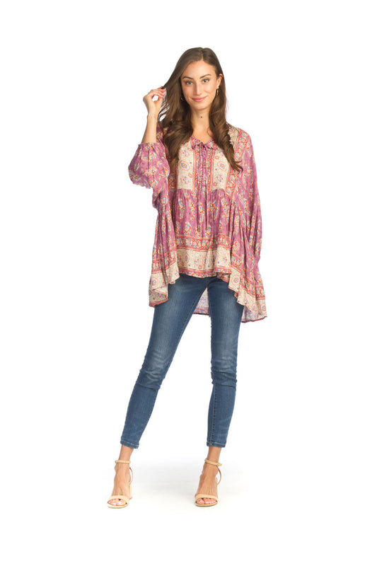 PT14114 PINK Boho Border Print Flowy Top with Elastic Cuff