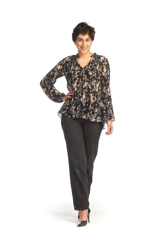 PT15001 BLACK Floral Pleated Tie Neck Blouse