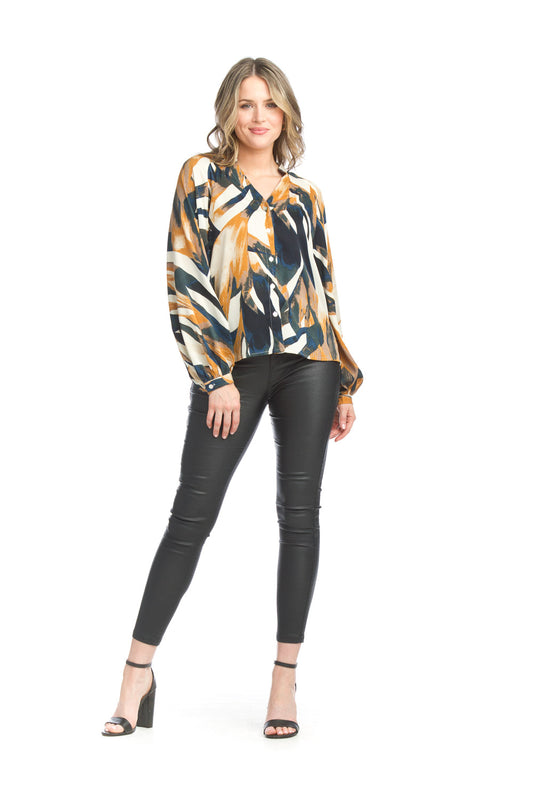 PT15008 MULTI Abstract Button Front Blouse with Baloon Sleeves