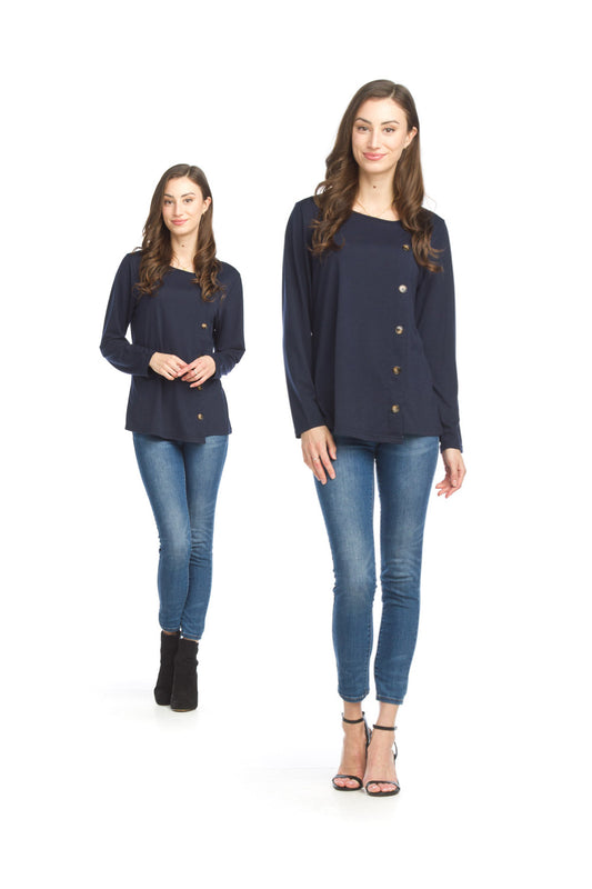 PT15010 NAVY Heathered Long Sleeve Top with Button Detail