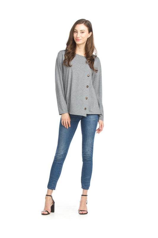 PT15010 GREY Heathered Long Sleeve Top with Button Detail