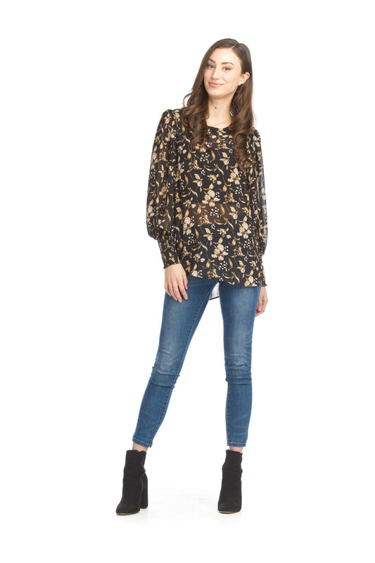PT15017 BLACK Flowy Floral Blouse with Elastic Cuffs
