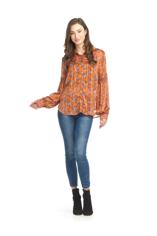 PT15022 RUST Paisley Lurex Button Front Blouse