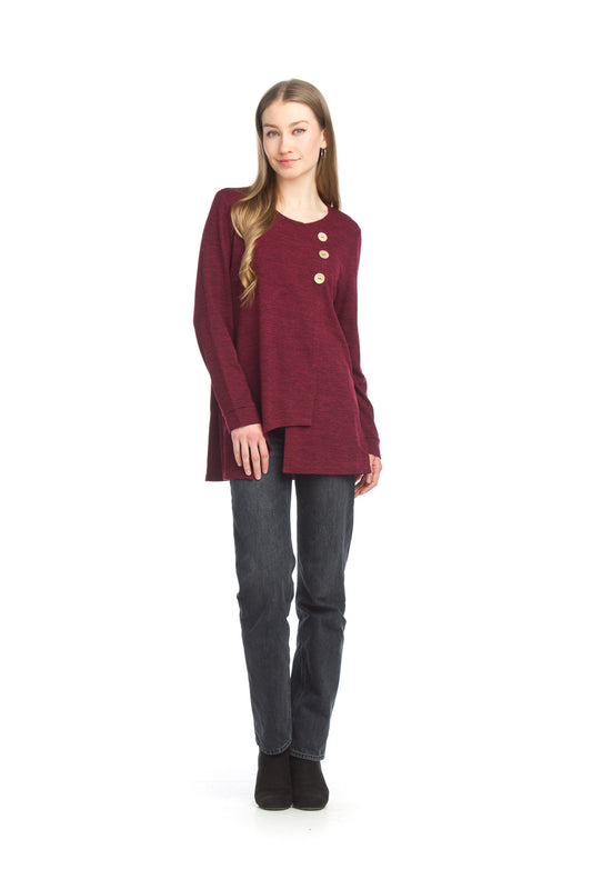 PT15023 BERRY Knit Crossovder Long Sleeve Top with Button Detail