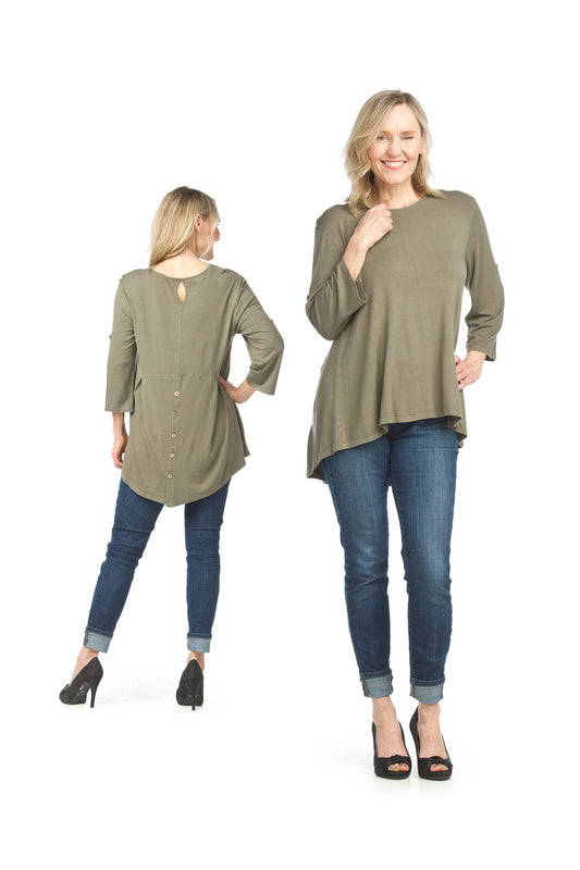 PT15036 SAGE Bamboo Stretch High Low Top w Back Button Detail