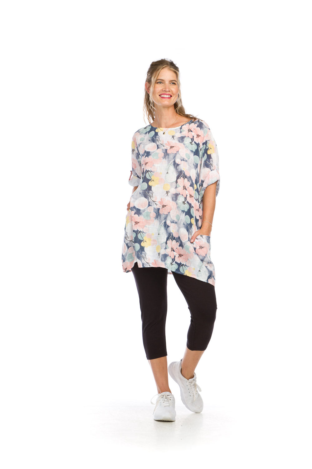 PT16002 WHITE Floral Cotton Tunic with Pockets