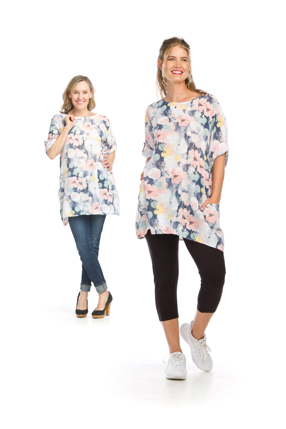 PT16002 WHITE Floral Cotton Tunic with Pockets