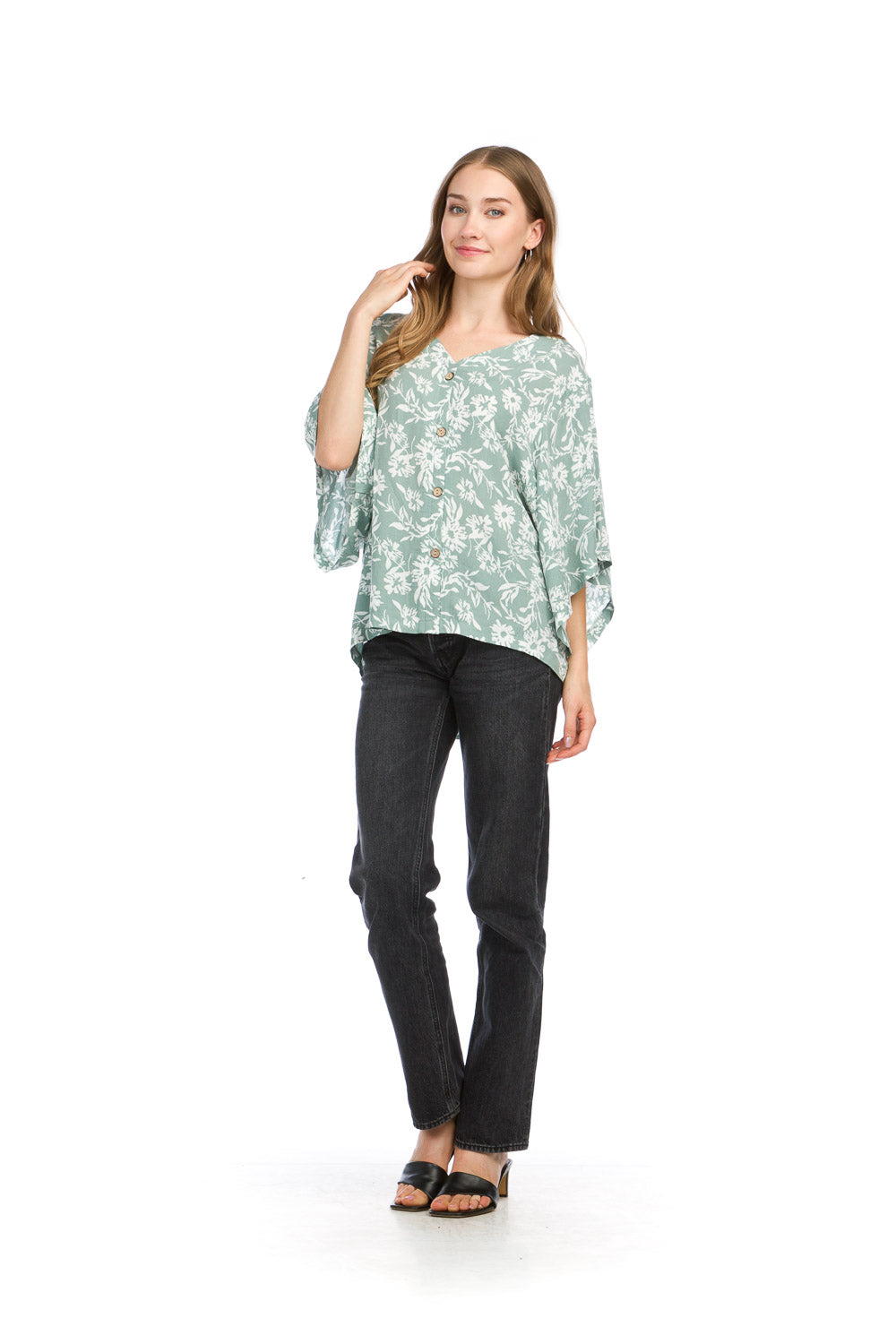 PT16004 SAGE Floral Print Button Front Top w Big Kimono Sleeves