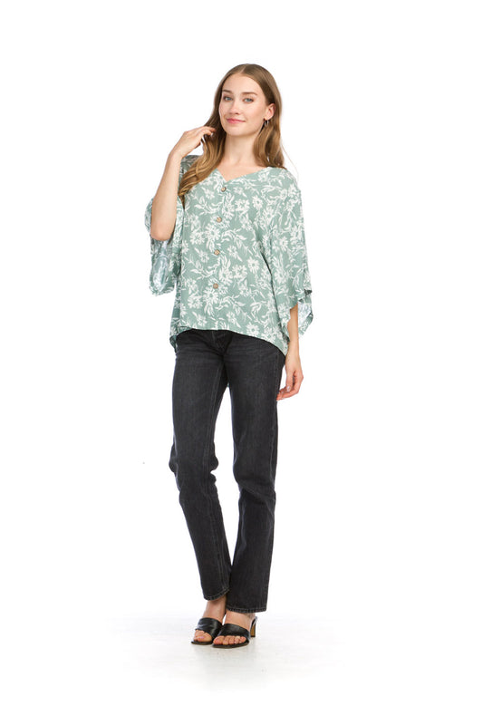 PT16004 SAGE Floral Print Button Front Top w Big Kimono Sleeves