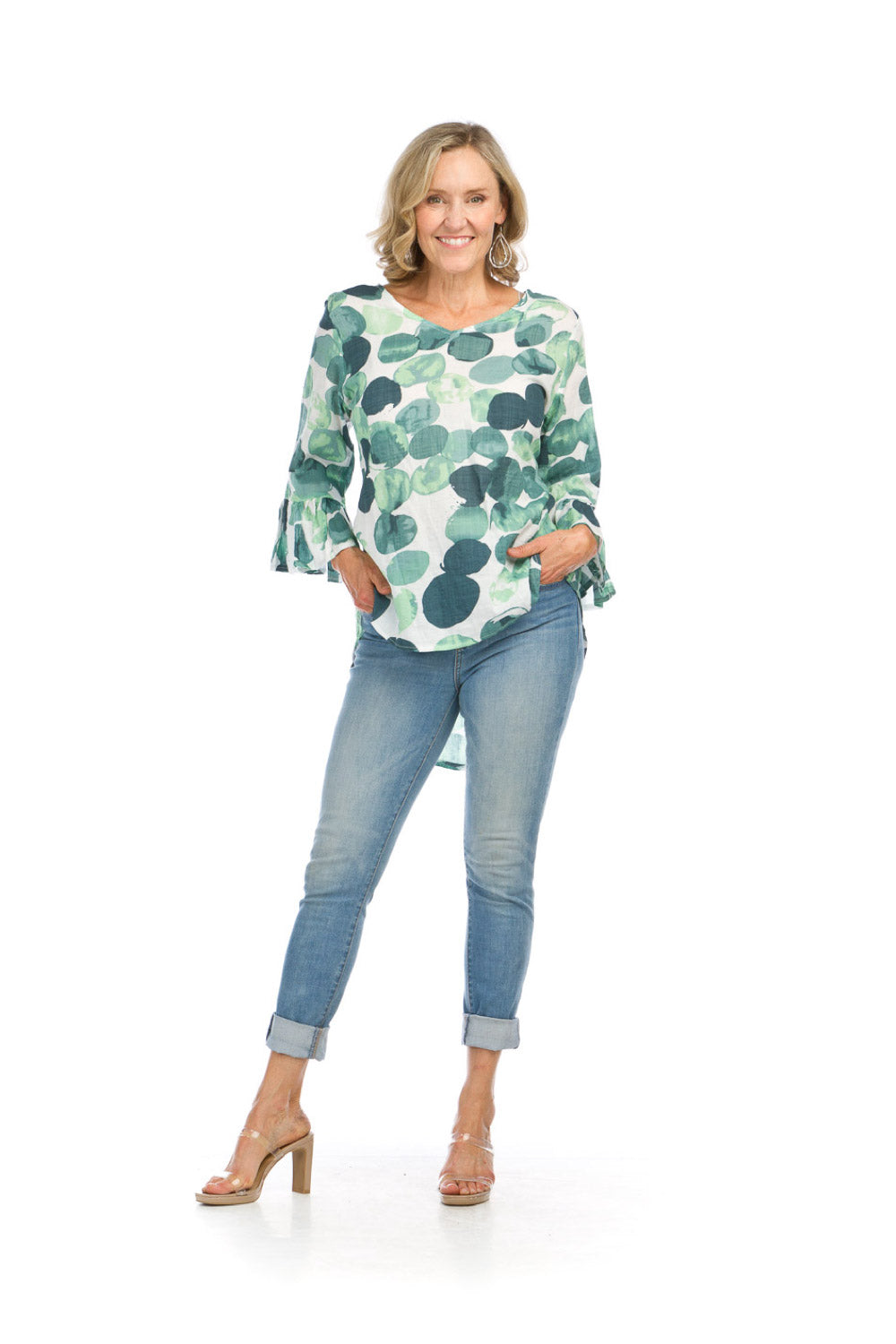 PT16020 GREEN Watercolor Polka Dot Blouse with Ruffle Sleeve