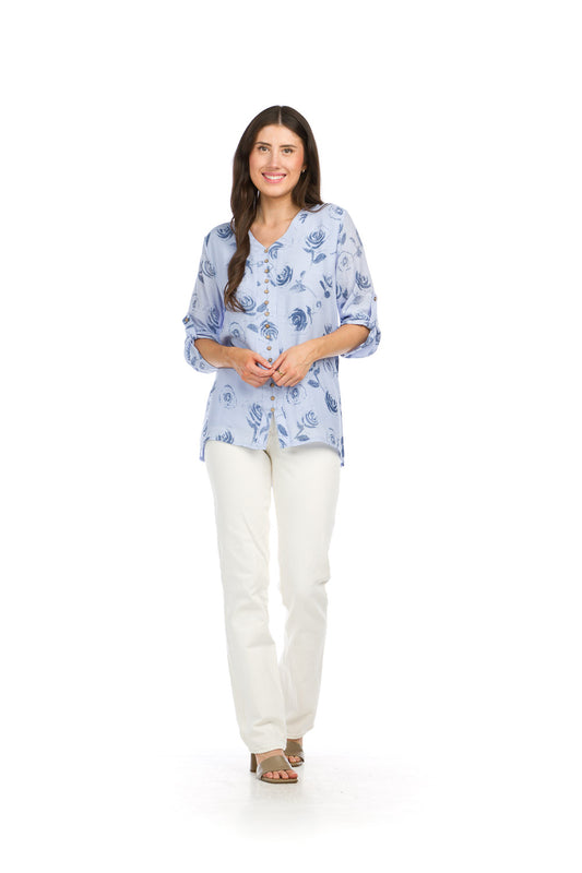 PT16022 BLUE Muted Rose Print Button Front Blouse