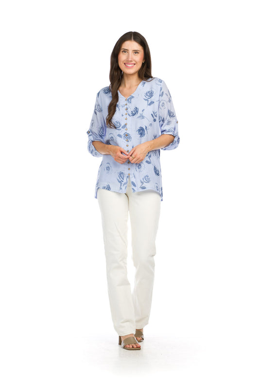 PT16022 BLUE Muted Rose Print Button Front Blouse