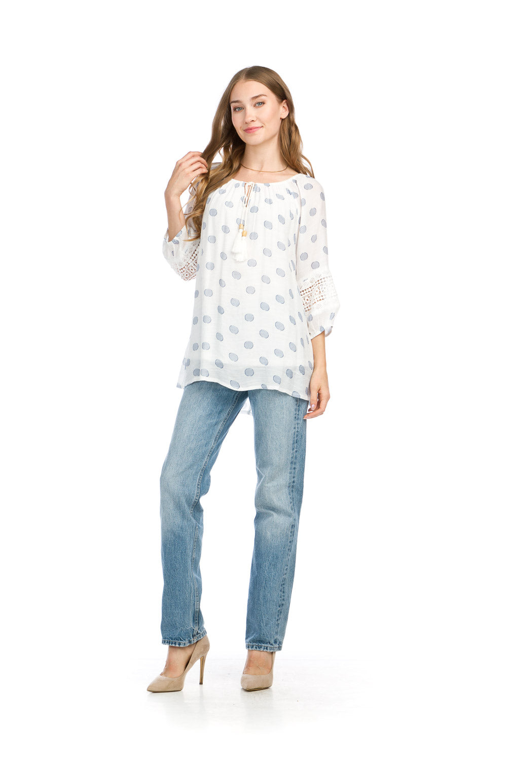 PT16023 WHITE Polka Dot Blouse with Lace Detail