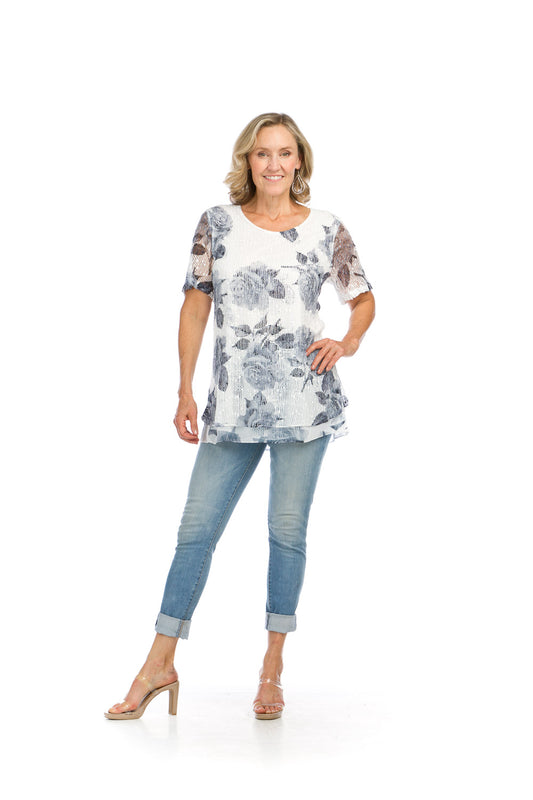 PT16029 GREY Floral Mesh Sequin Layered Short Sleeve Top