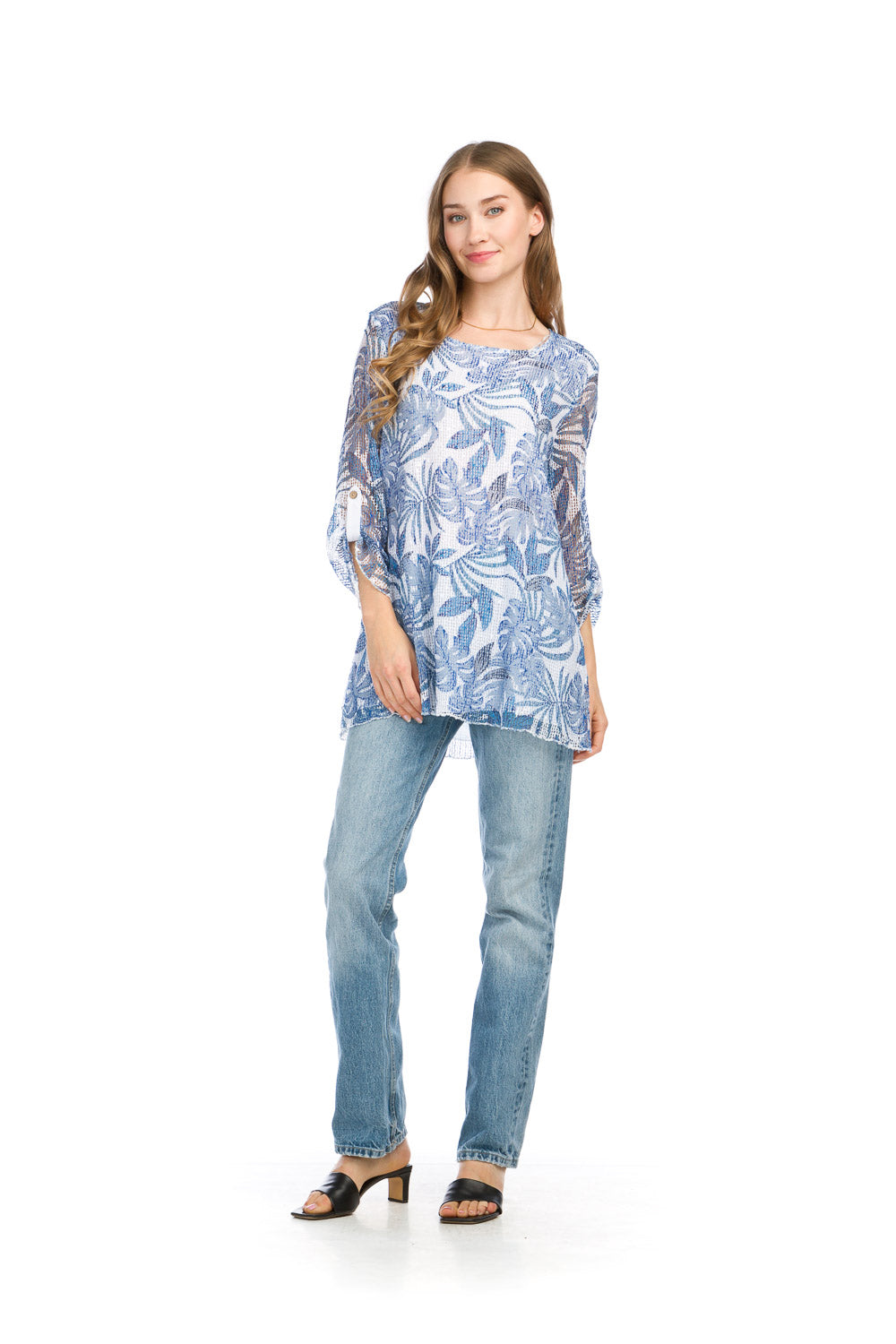 PT16030 BLUE Tropical Print Mesh Sequin Layered Blouse