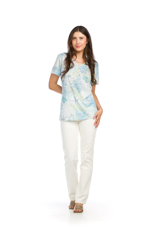 PT16038 BLUE Reef Print Short Sleeve Top with Button Detail
