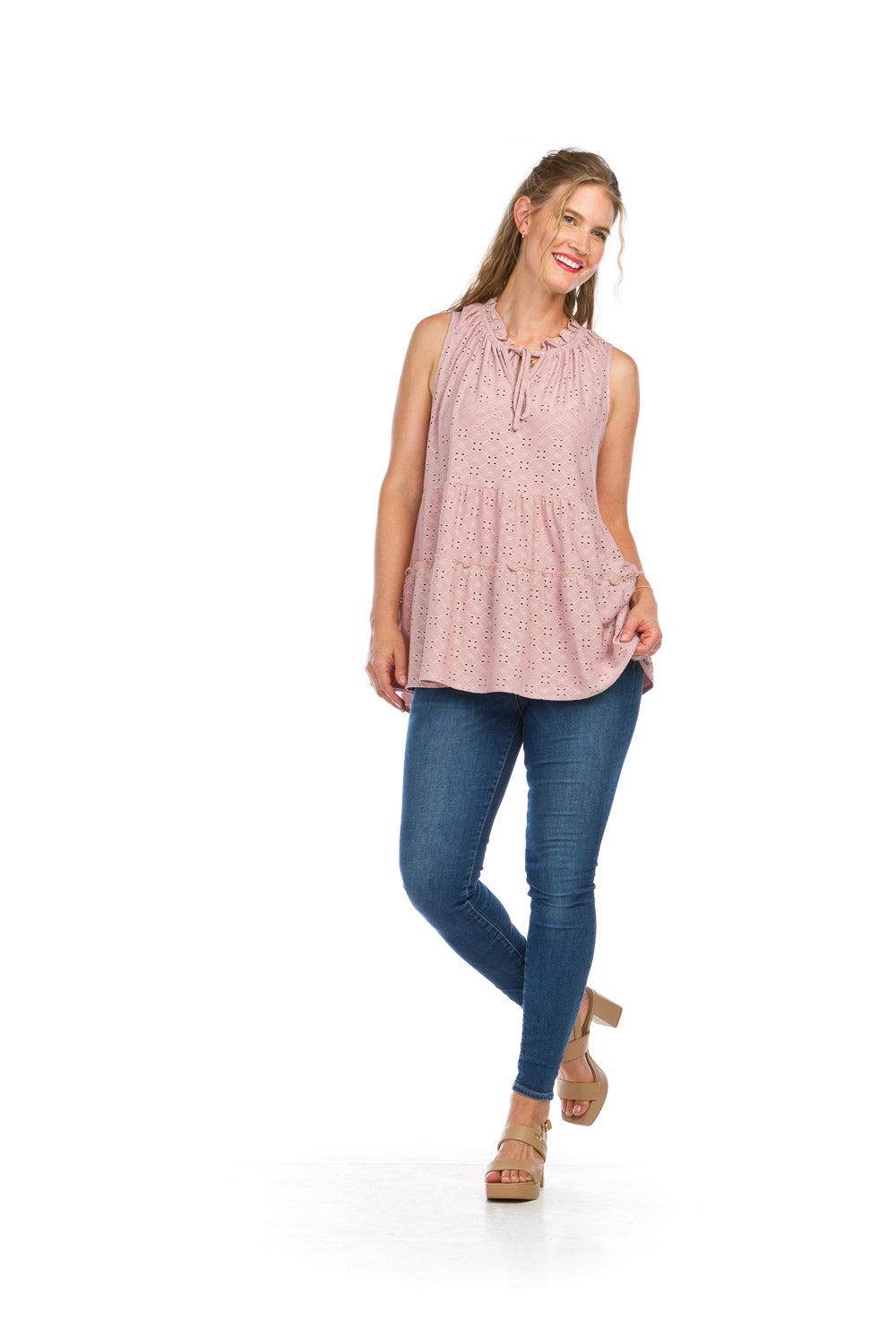 PT16039 ROSE Stretch Tiered Eyelet Sleeve less Top