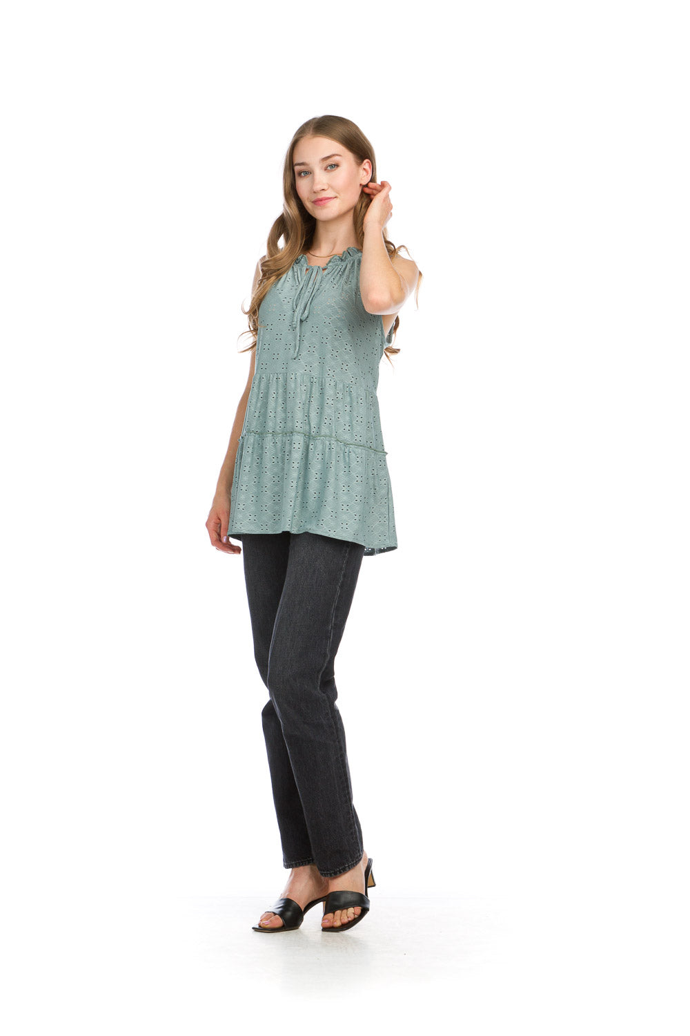 PT16039 SAGE Stretch Tiered Eyelet Sleeve less Top