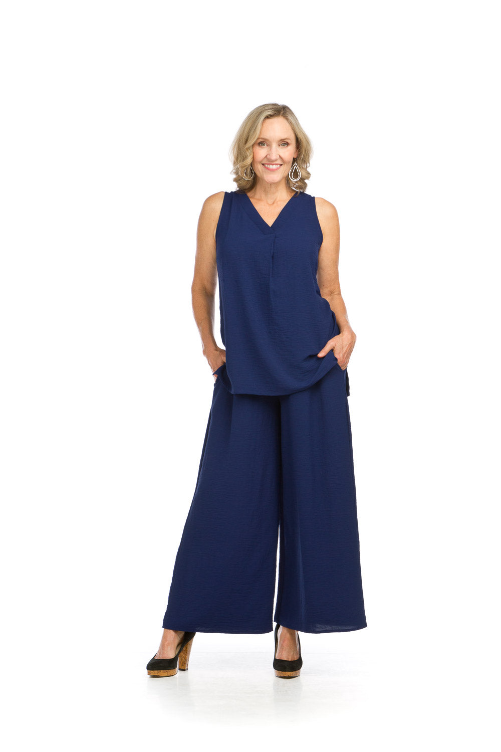 PP16810 NAVY Wide Leg Pants with Smocking Waistband