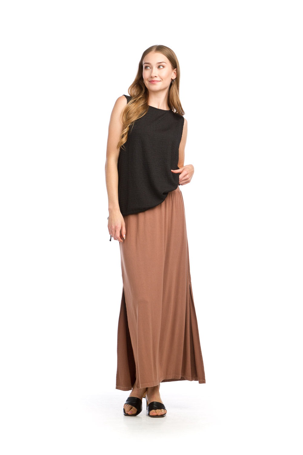 PS16915 MOCHA Bamboo Knit Maxi Skirt with Slit