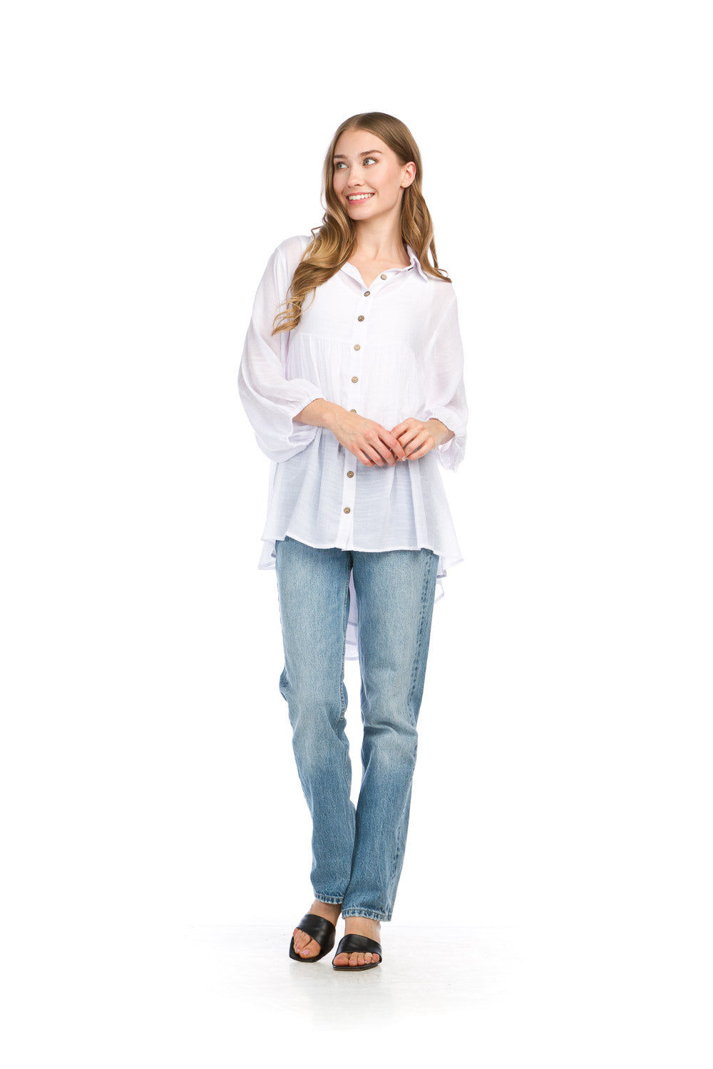 PT16050 WHITE Oversized Flowy Blouse with 3/4 Sleeves