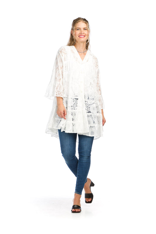 PT16056 WHITE Lace Button Front Tunic