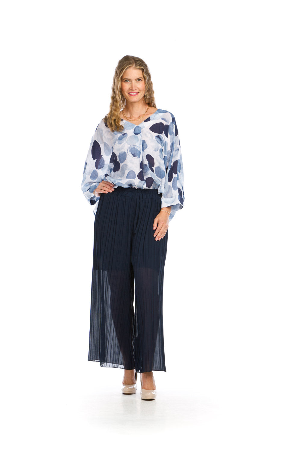 PP16814 NAVY Georgette Layered Pleated Pants with Elastic Waist