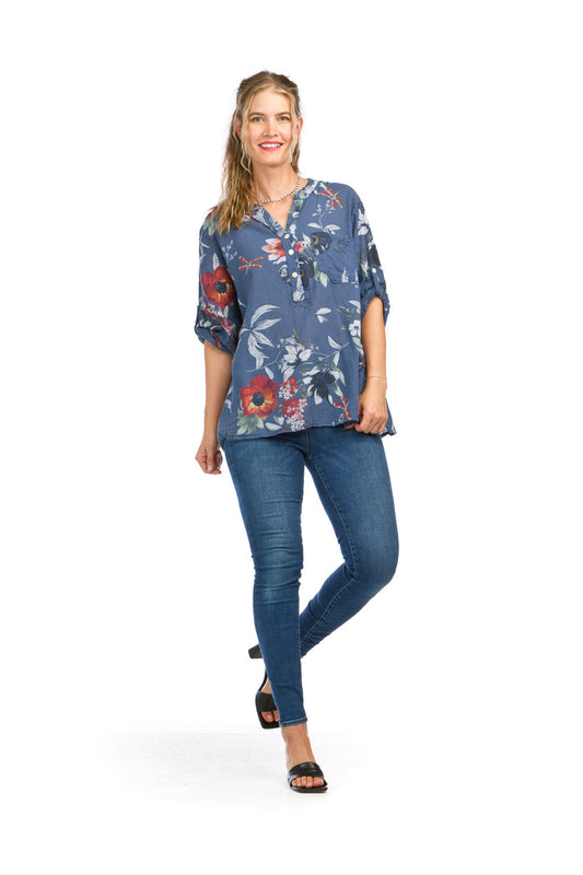 PT16067 DENIM Floral Cotton Tab Sleeve Blouse