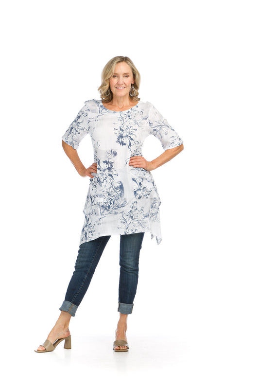 PT16075 WHITE Floral Short Sleeve Tunic with Pockets