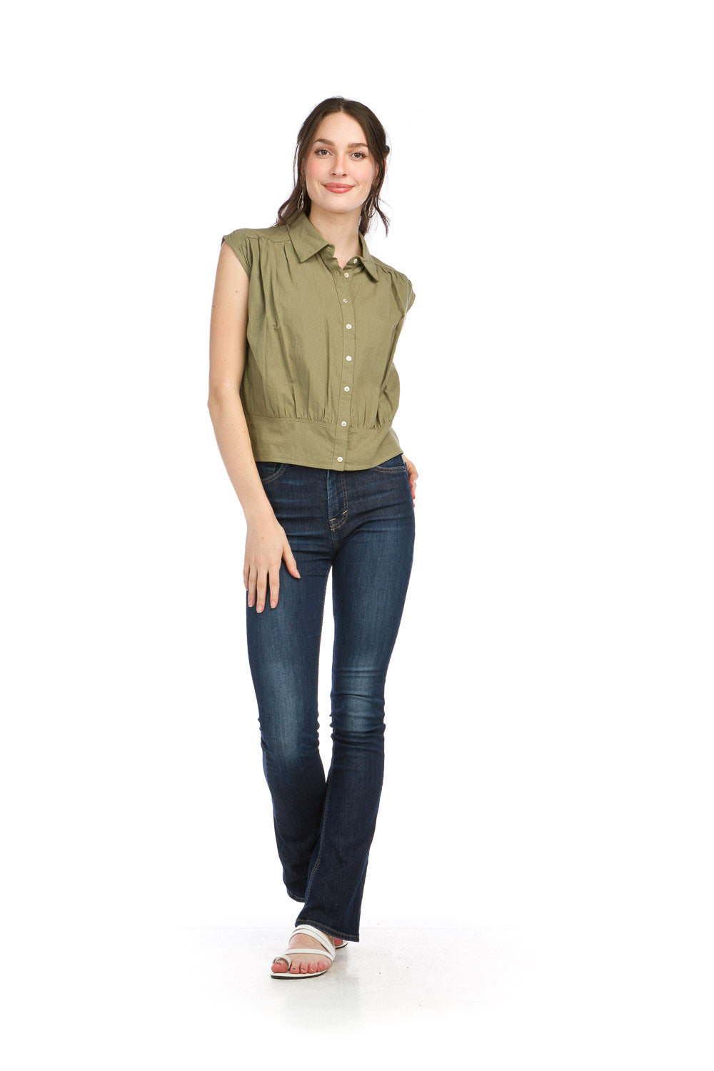 PT16079 SAGE Button Front Blouse with Extended Shoulder