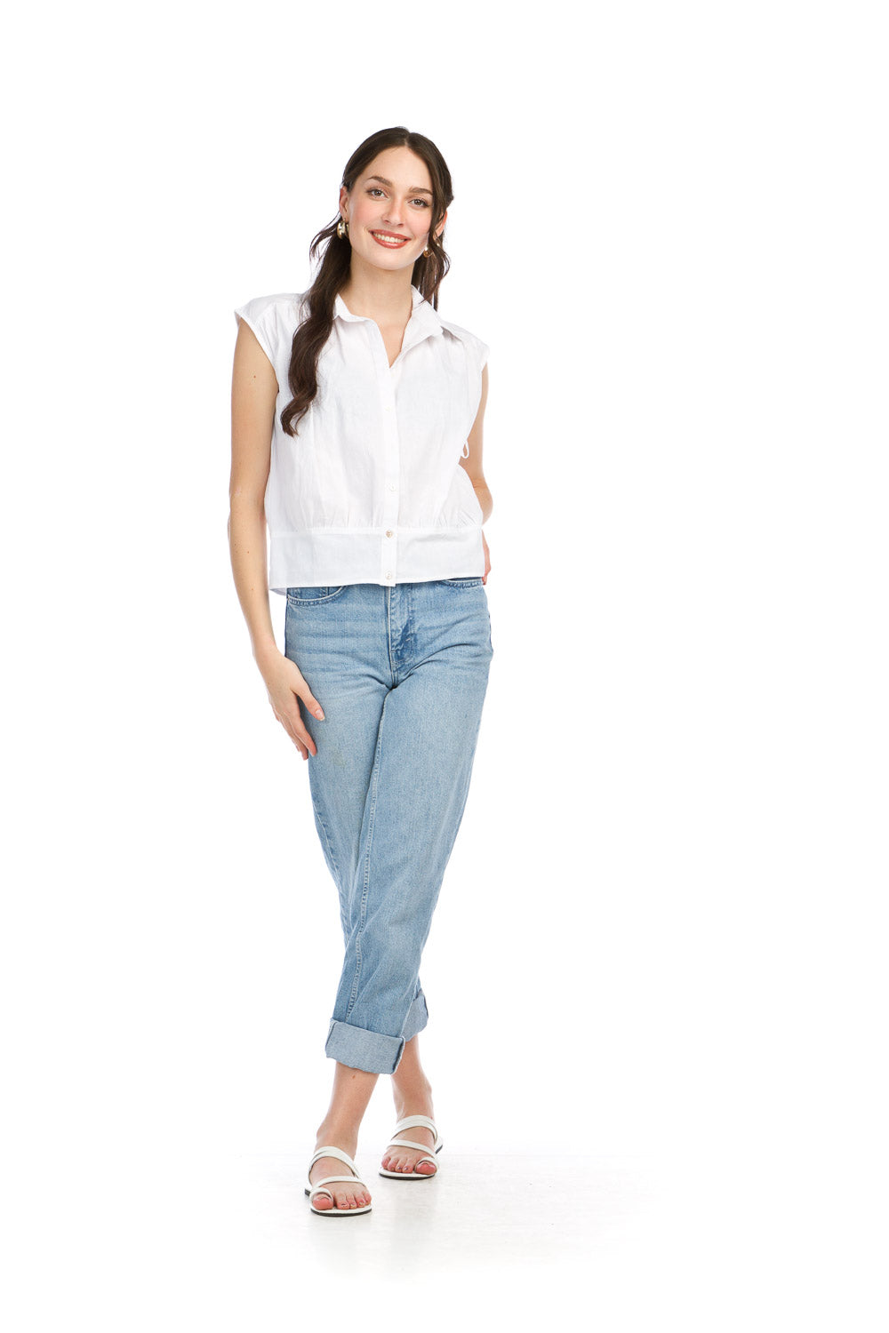 PT16079 WHITE Button Front Blouse with Extended Shoulder