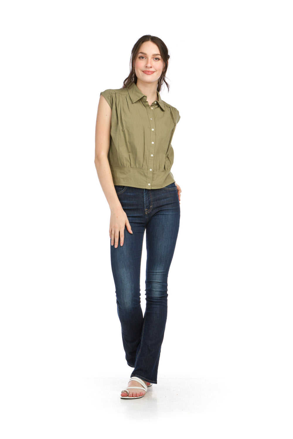 PT16079 SAGE Button Front Blouse with Extended Shoulder