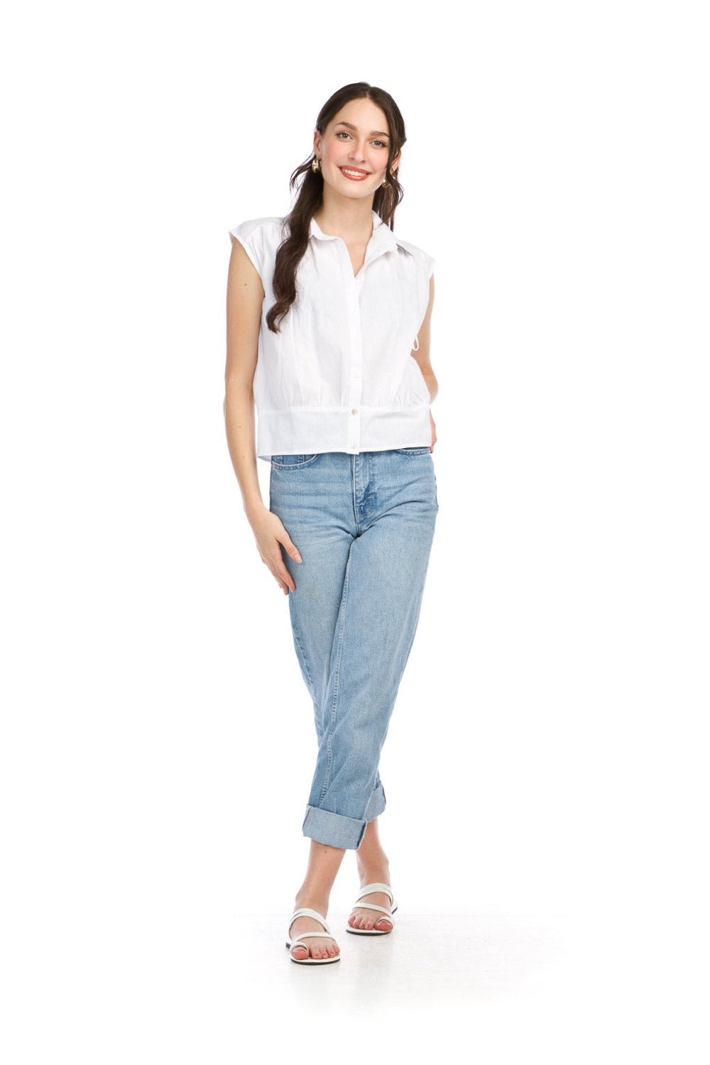 PT16079 WHITE Button Front Blouse with Extended Shoulder