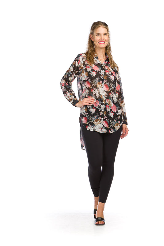 PT16082 BLACK Floral Georgette Collared Tunic