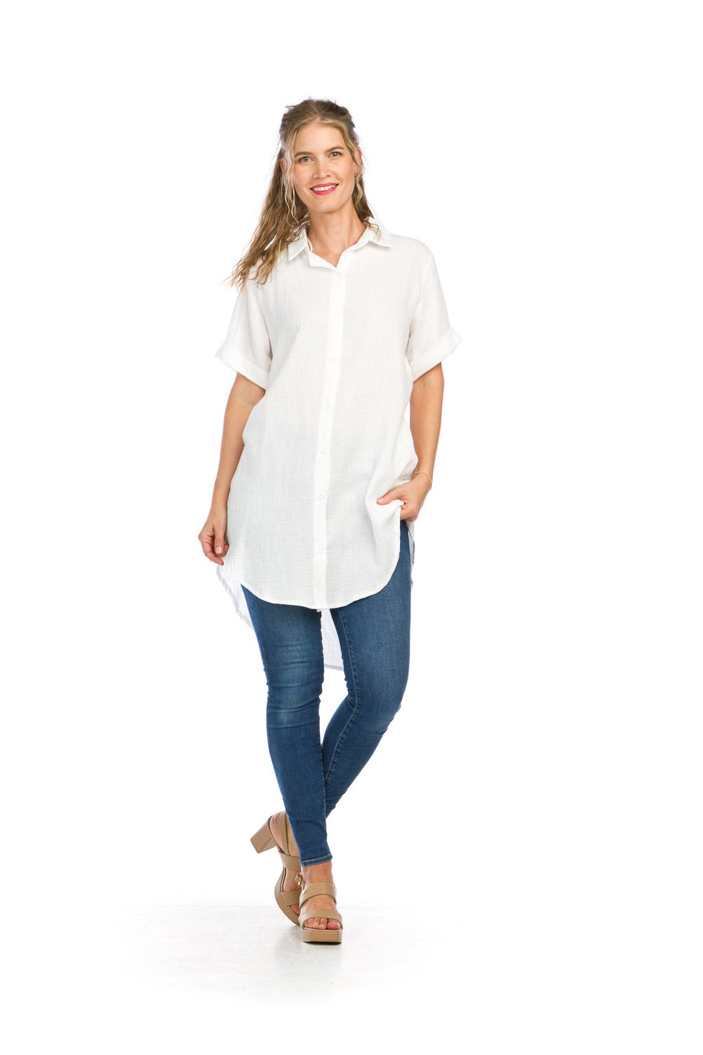 PT16085 WHITE Cotton Double Gauge Oversized Tunic