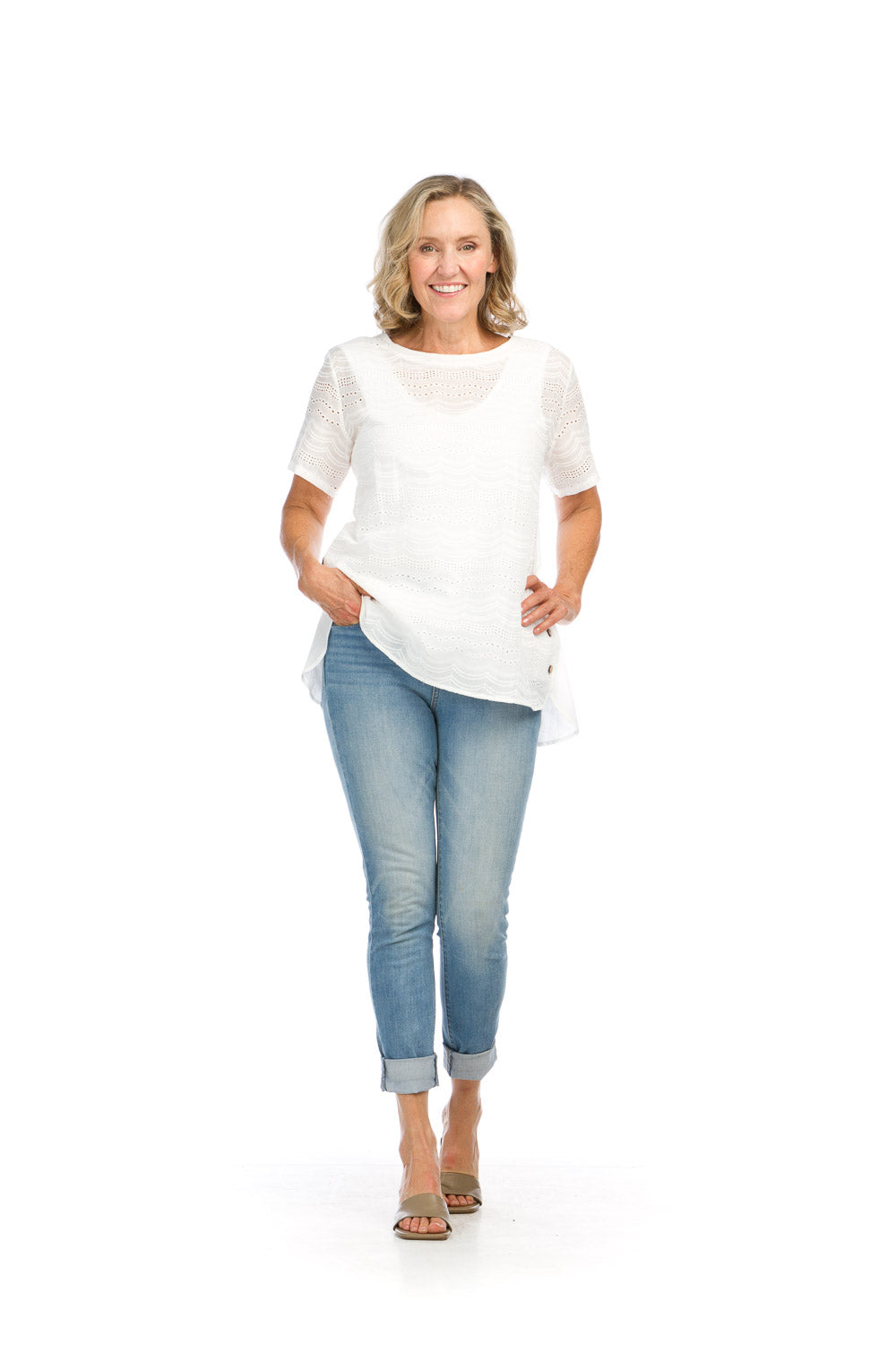 PT16102 WHITE Eyelet Short Sleeve Tunic with Side Button Detail