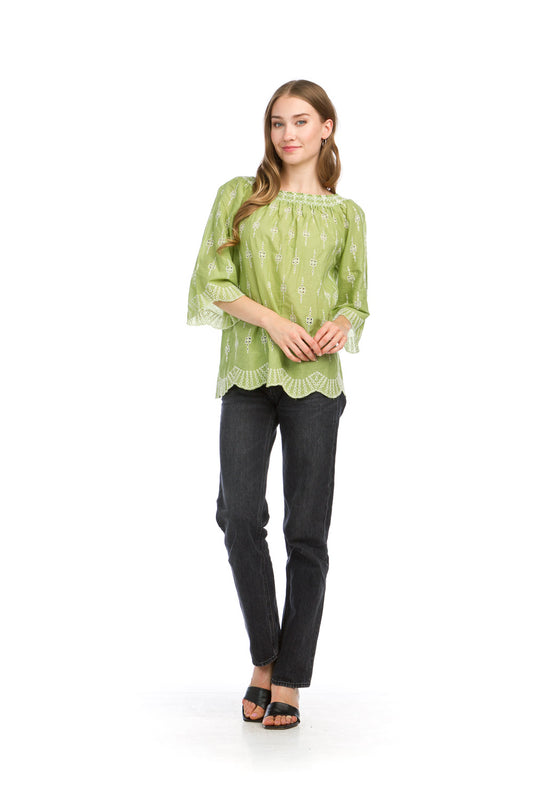 PT16111 GREEN Embroidered OTS Blouse