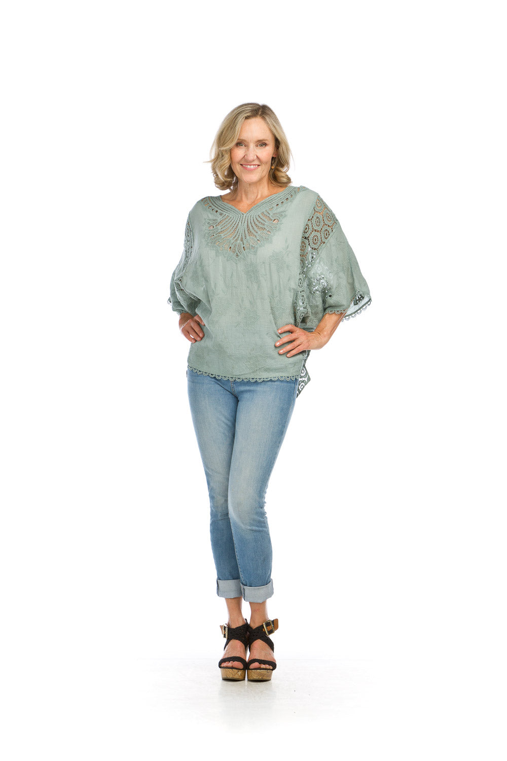 PT16114 SAGE Embroidered Batwing Sleeve Blouse w Crochet Dtls